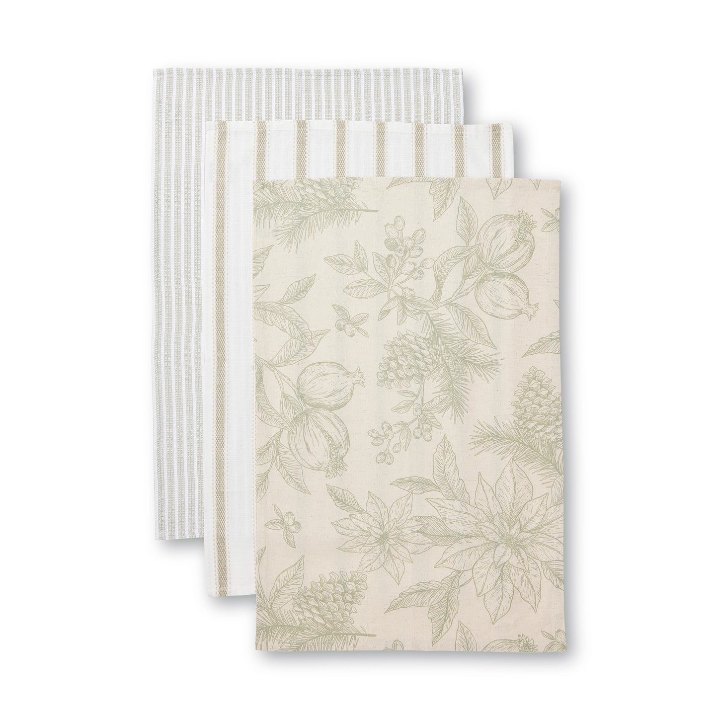 Poinsettia Olive/Flax Tea towel Pack 3