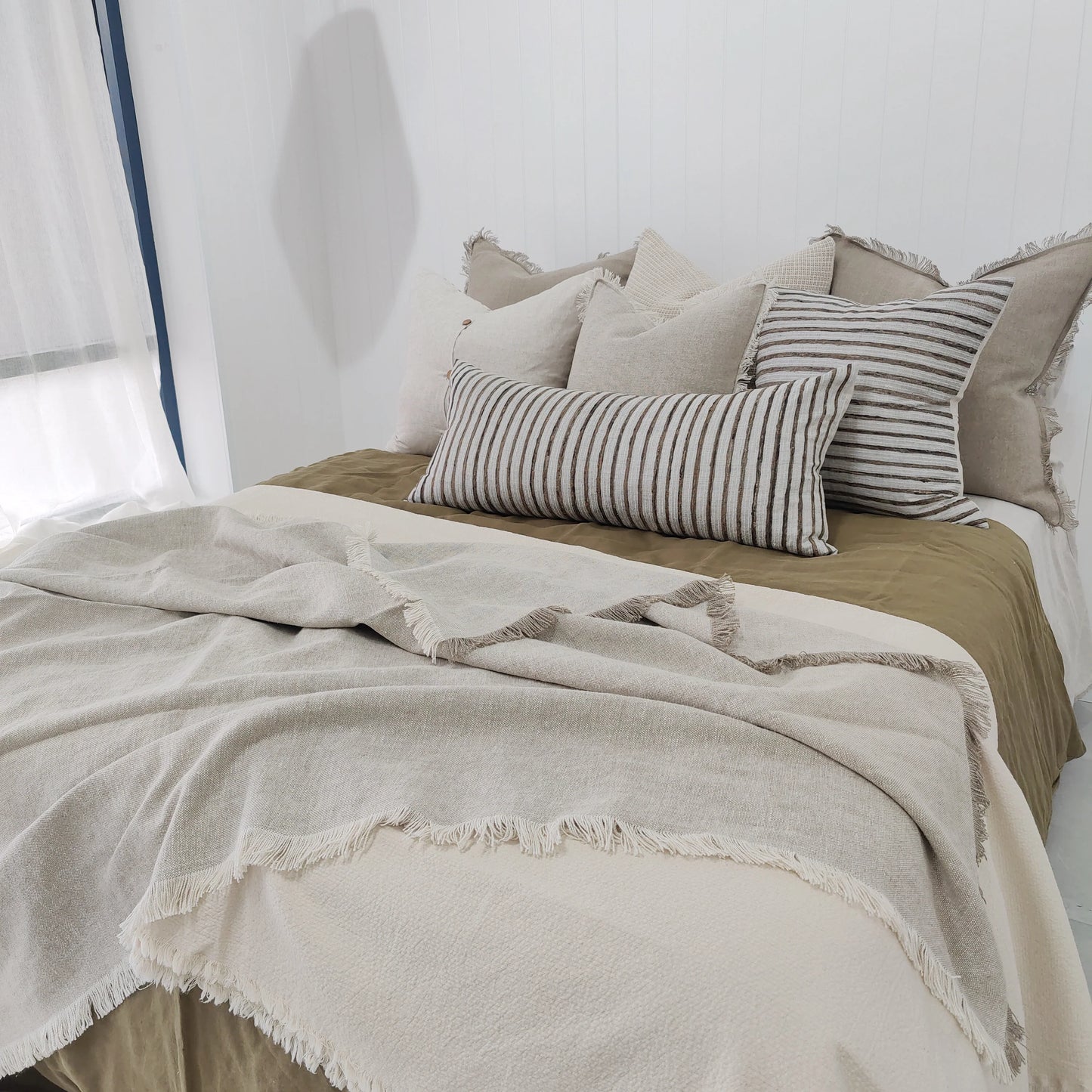 Riviera Heavy Weight Texture French Linen Fringed Edge Massive Throw Bedcover 140cm x 230cm- Oatmeal