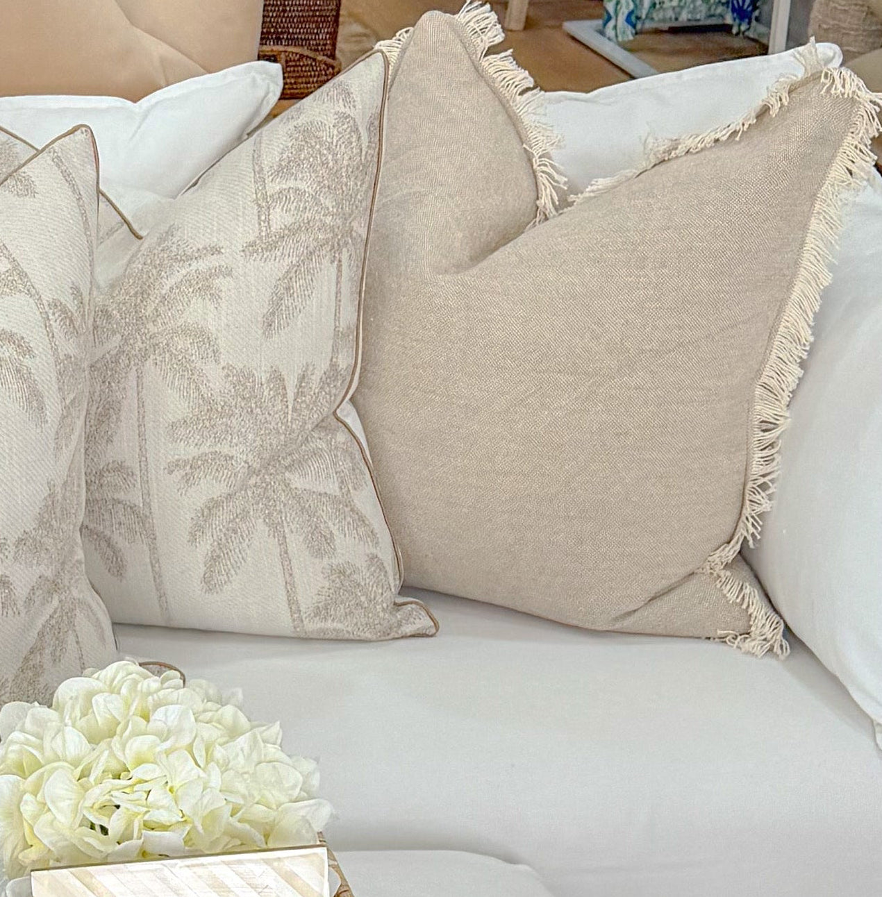 French Linen Fringed Edge Cushion 55cm Square - Oatmeal