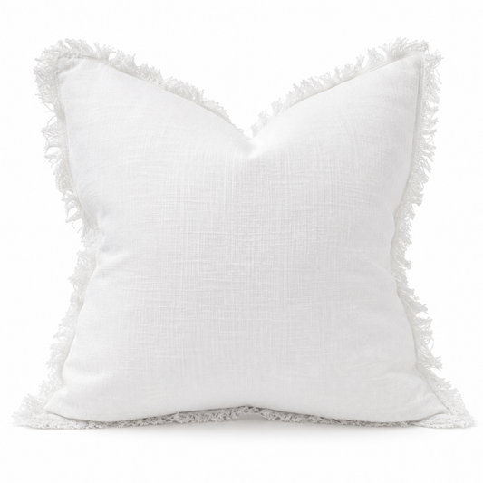 French Linen Fringe Cushion 55cm Square - White