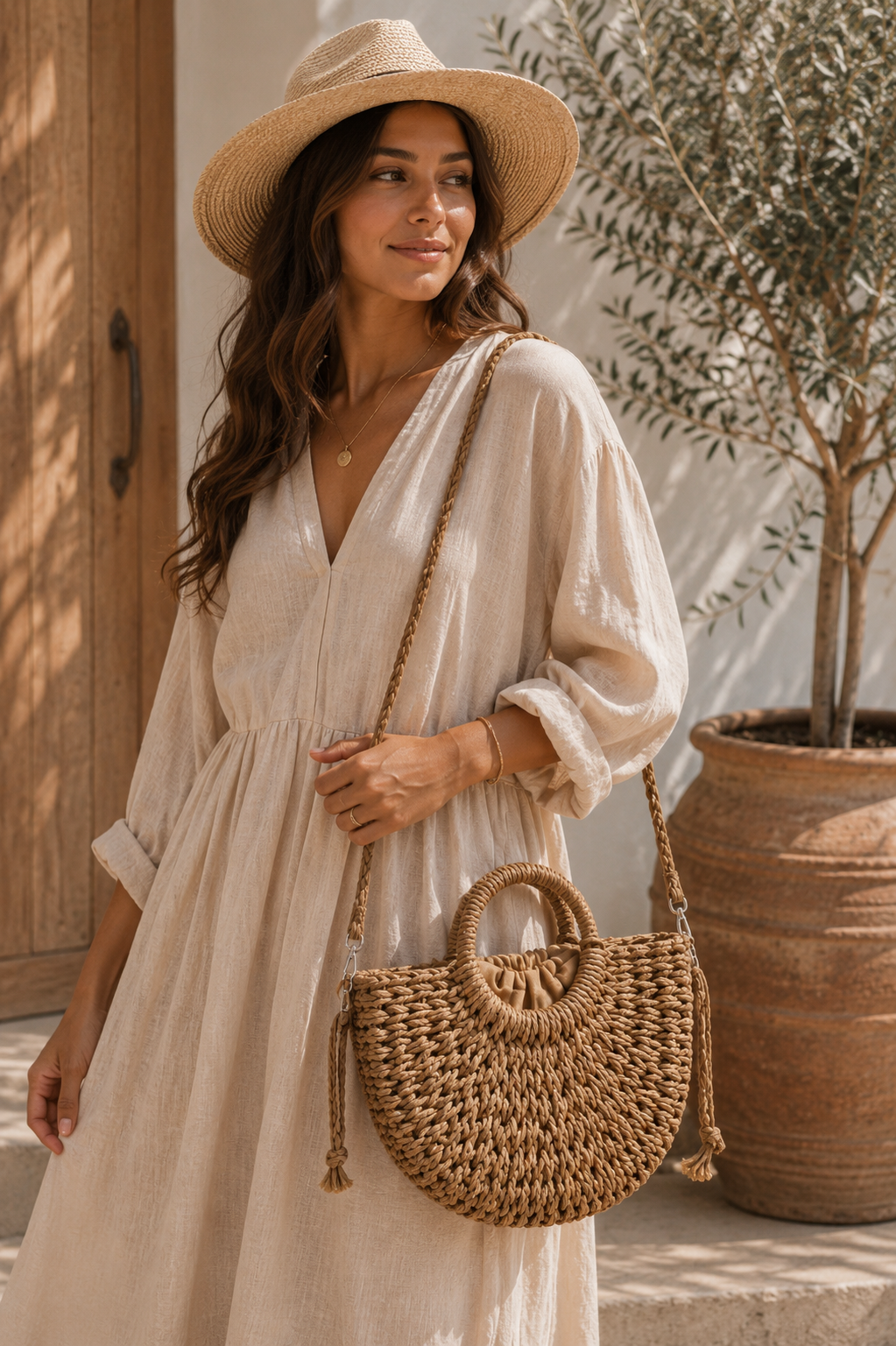 Handwoven Coastal Crossbody Bag - Dark Natural