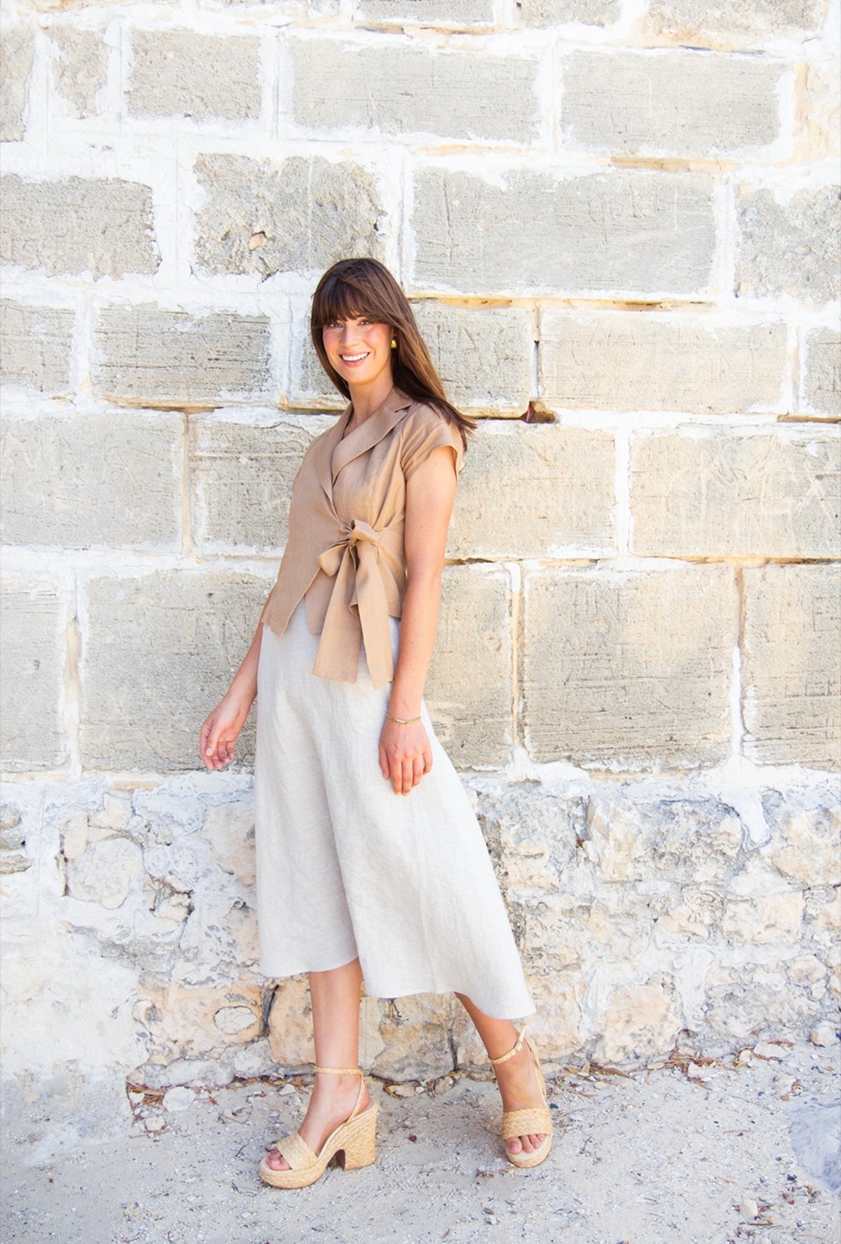 Scandi & Co Linen Wrap Top – Caramel