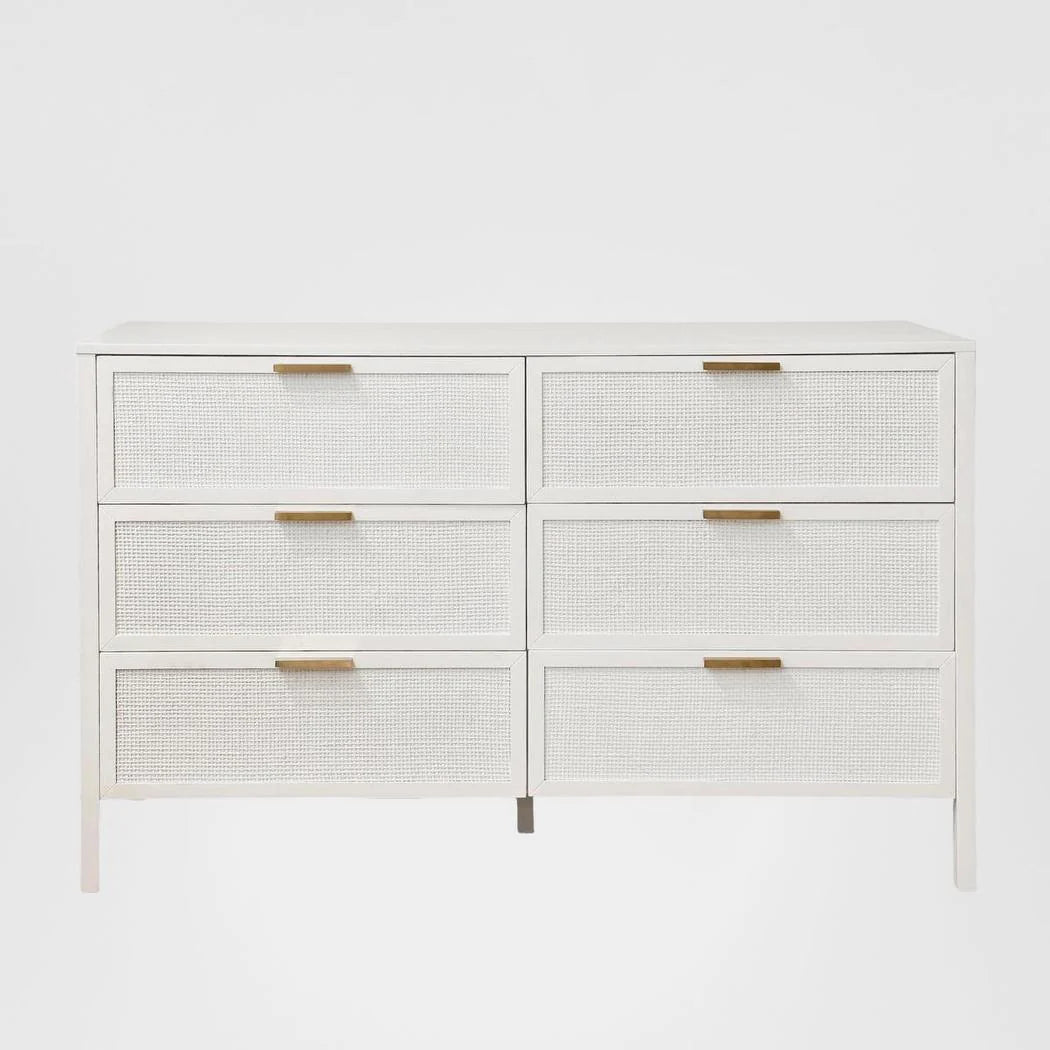Santorini Hamptons 6 Drawer Timber/Rattan Dresser 140cm White