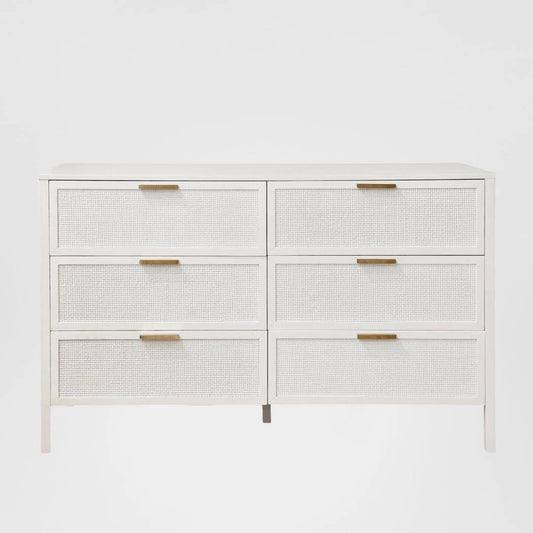 Santorini Hamptons 6 Drawer Timber/Rattan Dresser 140cm White
