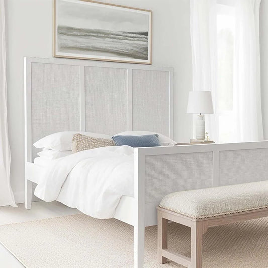Santorini Hamptons Timber &amp; Rattan Queen Bed – White