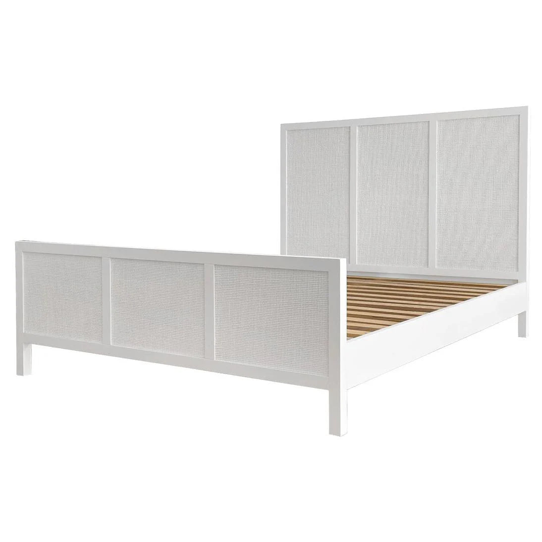 Santorini Hamptons Timber &amp; Rattan Queen Bed – White