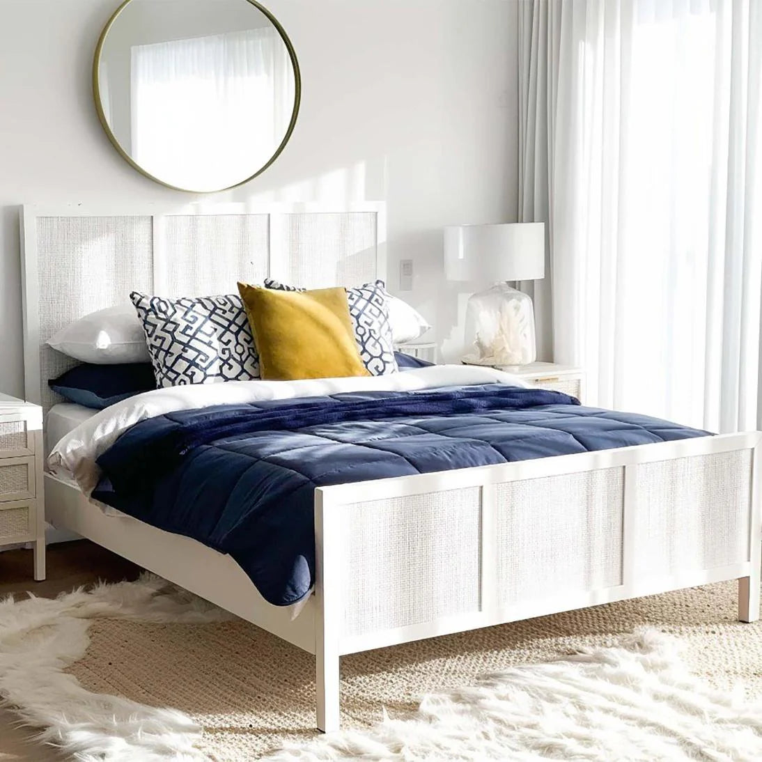 Santorini Hamptons Timber &amp; Rattan Queen Bed – White