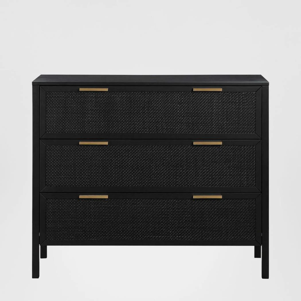 Santorini Hamptons 3 Drawer Timber/Rattan Dresser 100cm Black