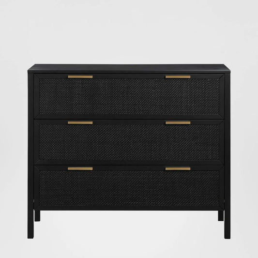 Santorini Hamptons 3 Drawer Timber/Rattan Dresser 100cm Black
