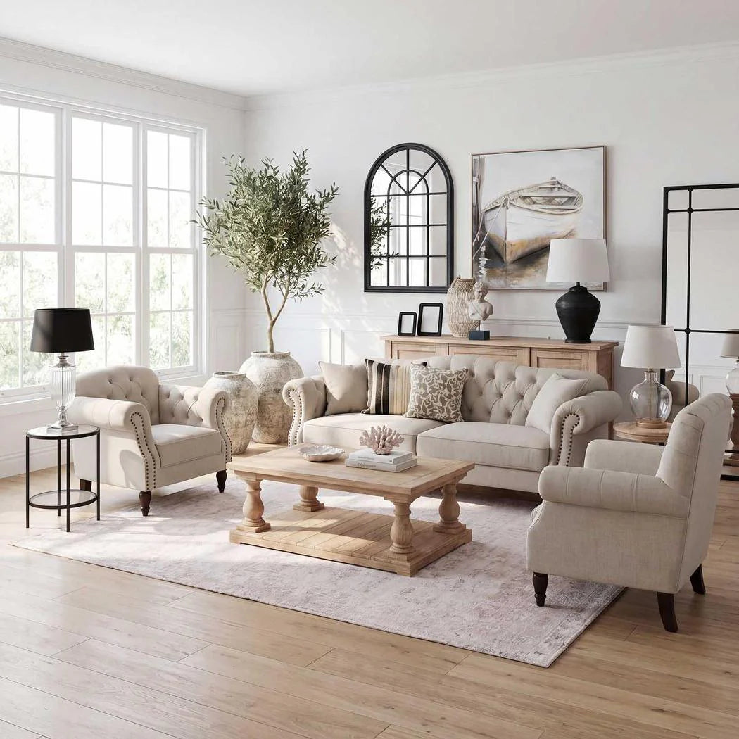 Vaucluse 3 Seat Hamptons Sofa | Beige Linen Blend